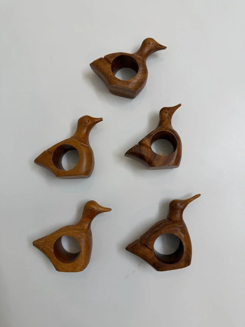 Hand Carved Warm Brown Wooden‎ Duck Napkin Rings - Set of 5